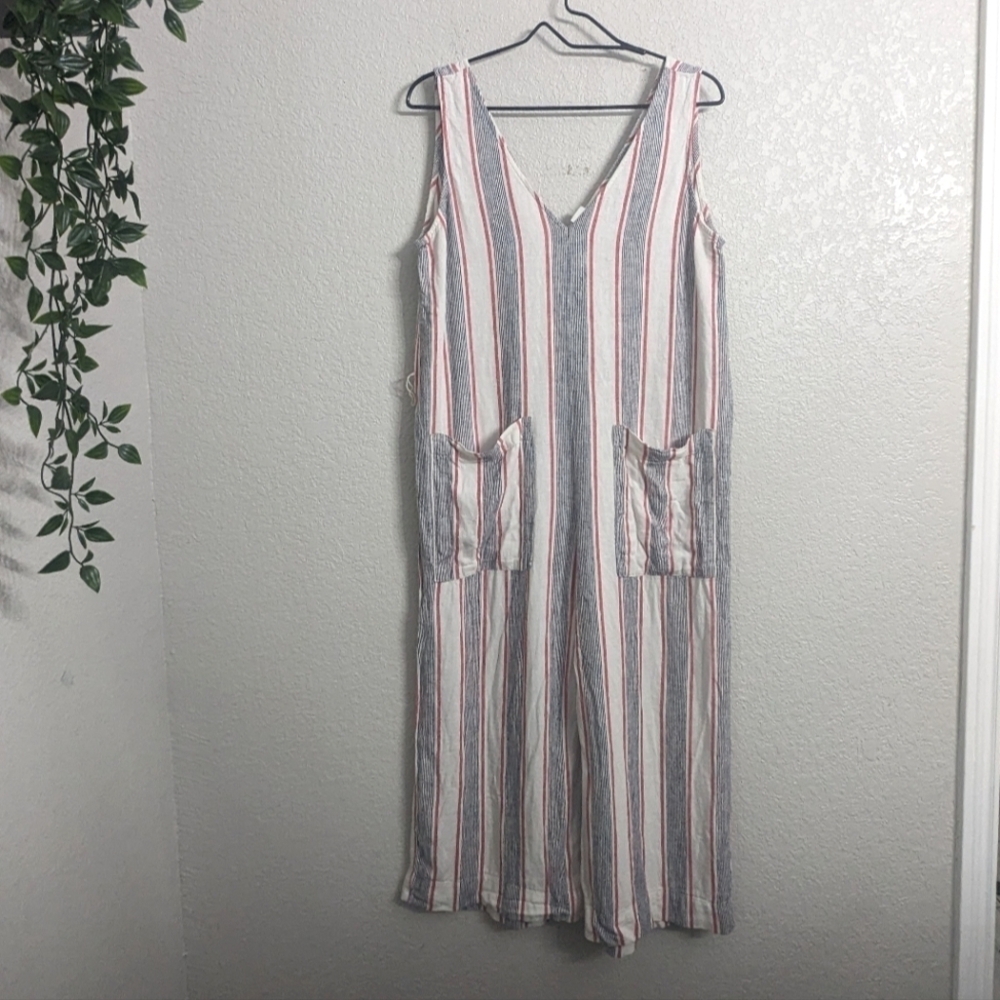 GAP Linen Blend Gray Red Striped Harem Crop Jumpsuit V-Neck Wide Leg Loose Fit S